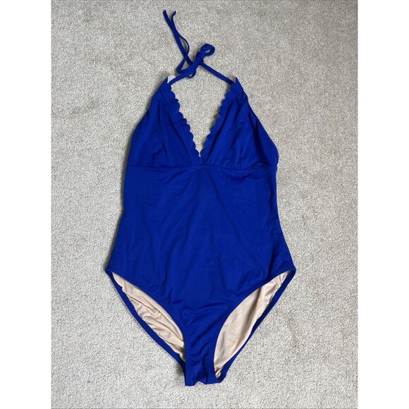 J. Crew Women Scalloped Halter One-Piece Cobalt Blue Swimsuit Sz‎ 10 - Picture 3 of 9